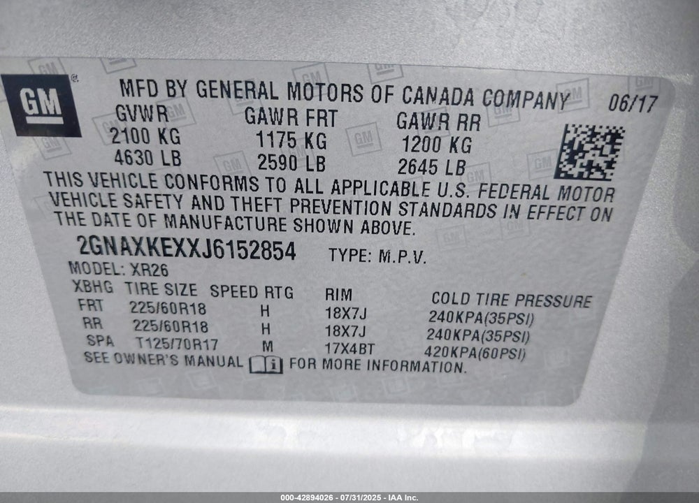 2018 CHEVROLET EQUINOX VIN: 2GNAXKEXXJ6152854