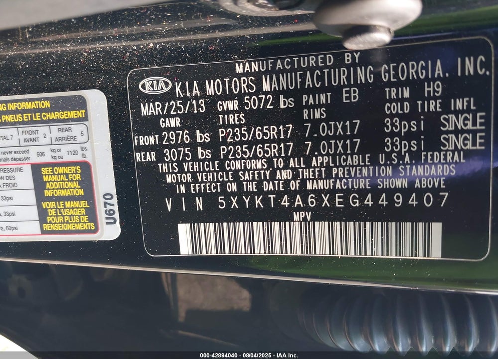 2014 KIA SORENTO VIN: 5XYKT4A6XEG449407