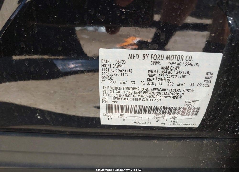2023 FORD EXPLORER VIN: 1FMSK8DH9PGB31751