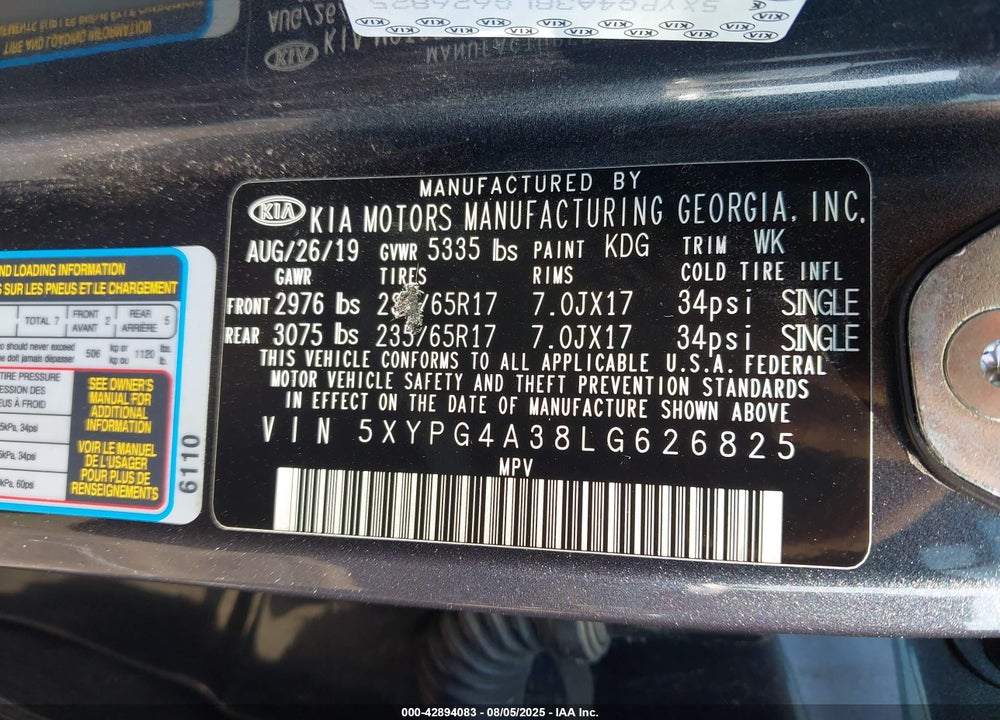 2020 KIA SORENTO VIN: 5XYPG4A38LG626825