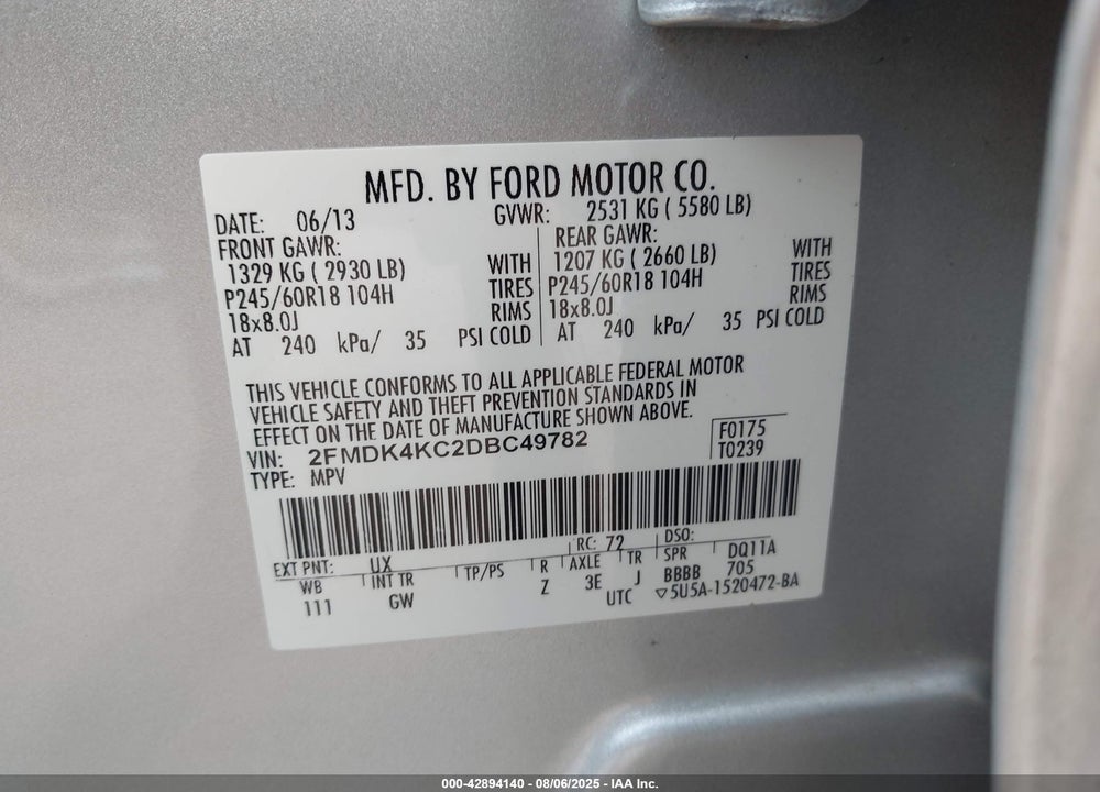 2013 FORD EDGE VIN: 2FMDK4KC2DBC49782