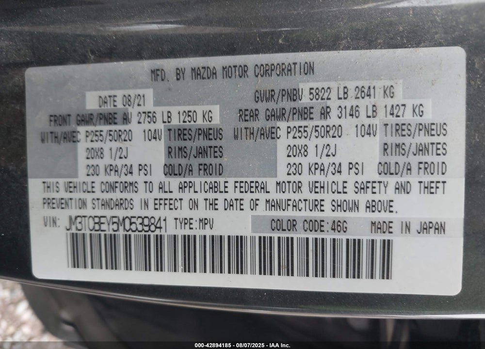 2021 MAZDA CX-9 VIN: JM3TCBEY5M0539841