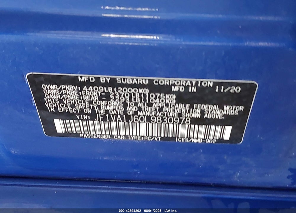 2020 SUBARU WRX VIN: JF1VA1J60L9830978