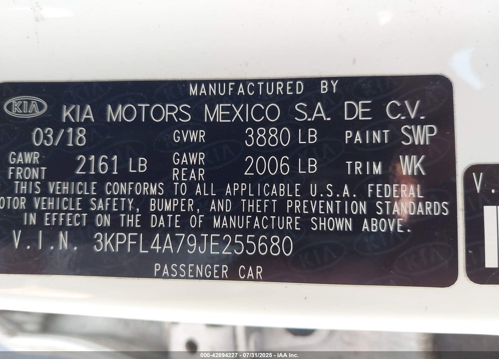 2018 KIA FORTE VIN: 3KPFL4A79JE255680
