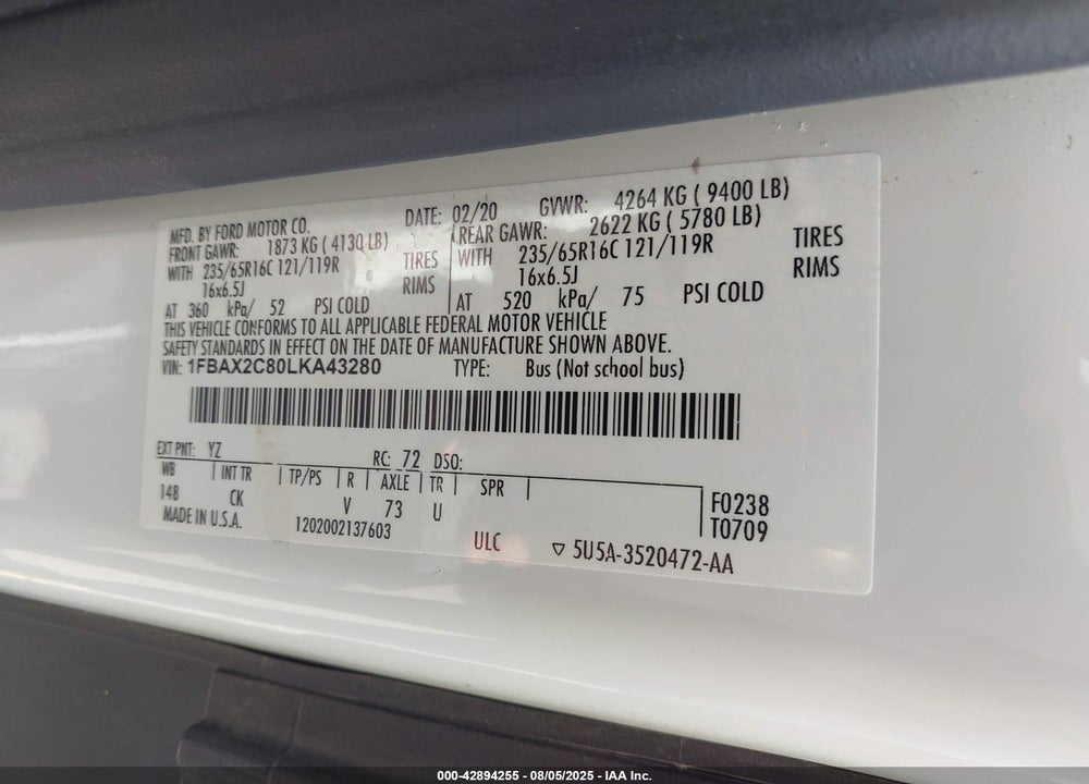 2020 FORD TRANSIT-350 PASSENGER VAN XLT VIN: 1FBAX2C80LKA43280