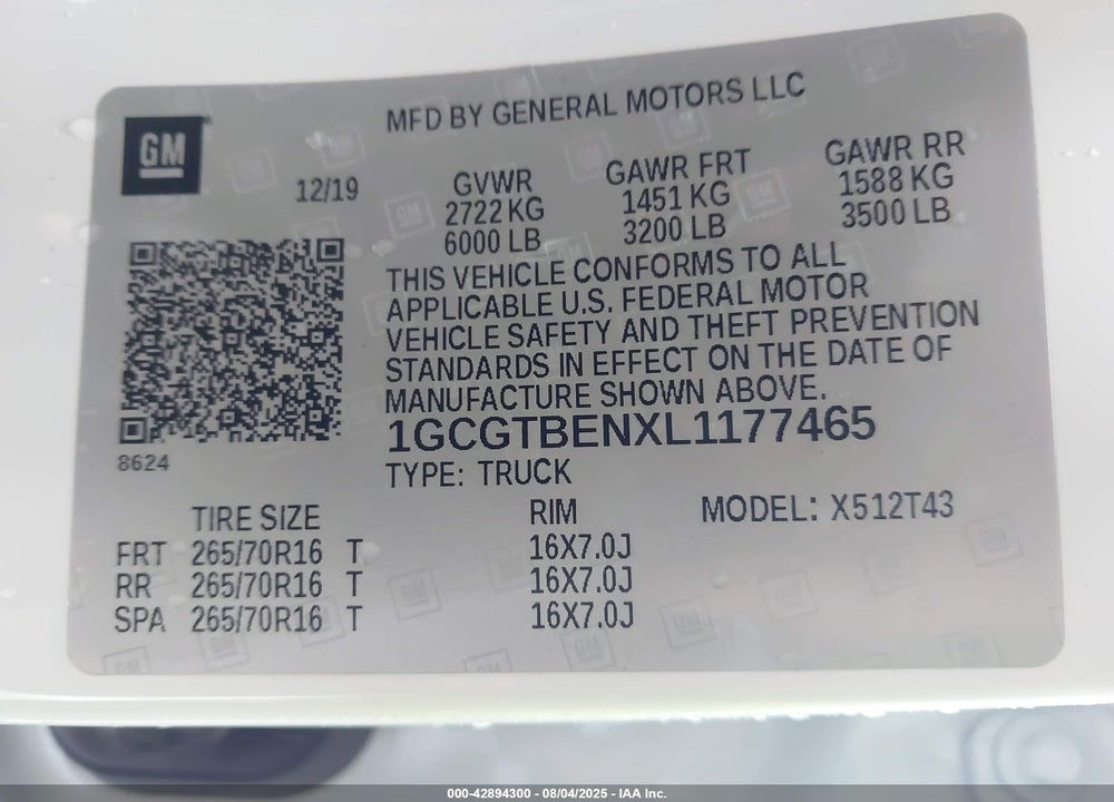 2020 CHEVROLET COLORADO VIN: 1GCGTBENXL1177465