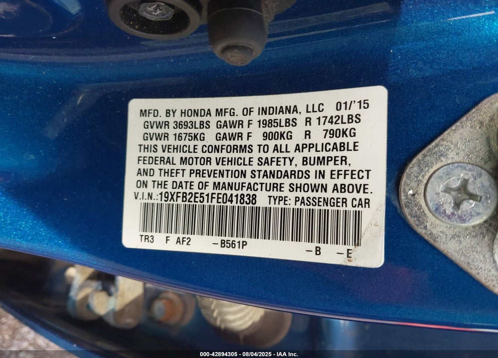 2015 HONDA CIVIC VIN: 19XFB2E51FE041838