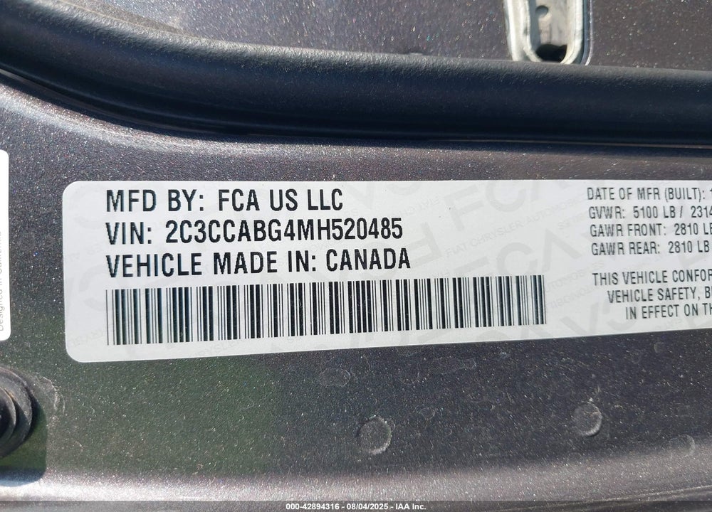 2021 CHRYSLER 300 VIN: 2C3CCABG4MH520485