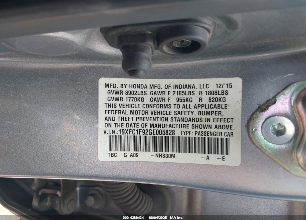 2016 HONDA CIVIC VIN: 19XFC1F92GE005828
