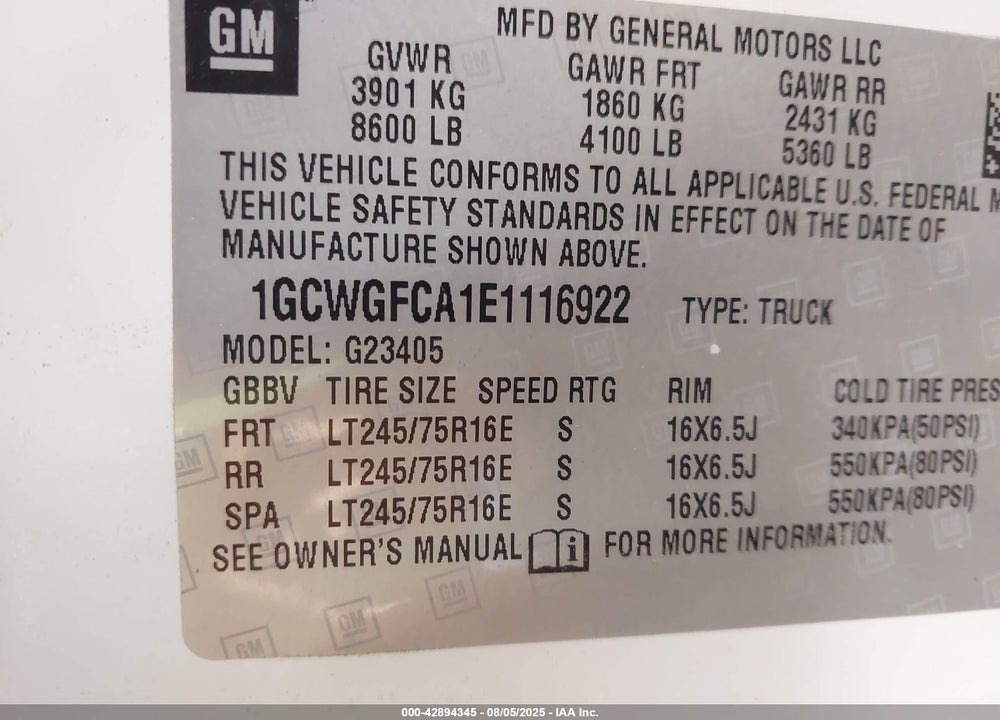 2014 CHEVROLET EXPRESS 2500 WORK VAN VIN: 1GCWGFCA1E1116922