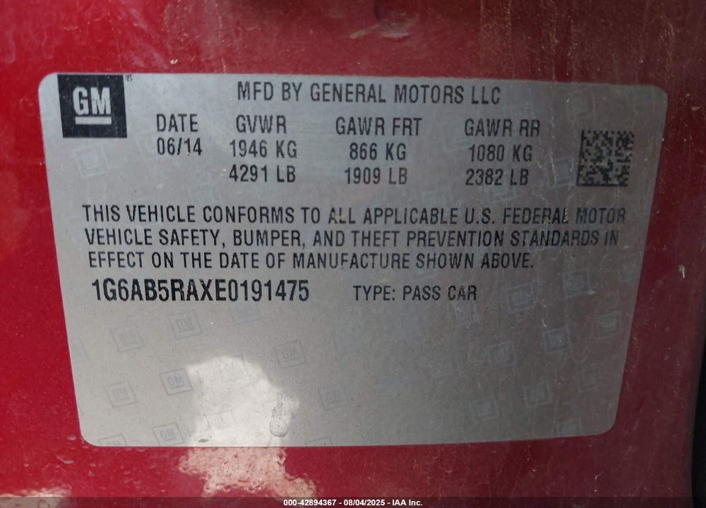 2014 CADILLAC ATS VIN: 1G6AB5RAXE0191475