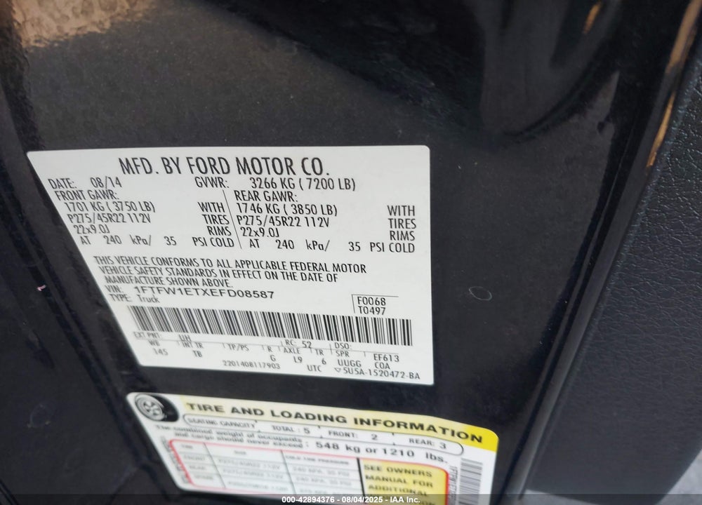 2014 FORD F-150 LIMITED VIN: 1FTFW1ETXEFD08587