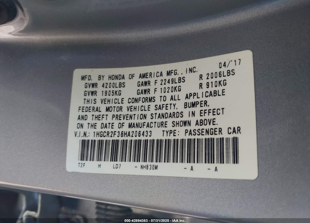 2017 HONDA ACCORD LX VIN: 1HGCR2F38HA206433