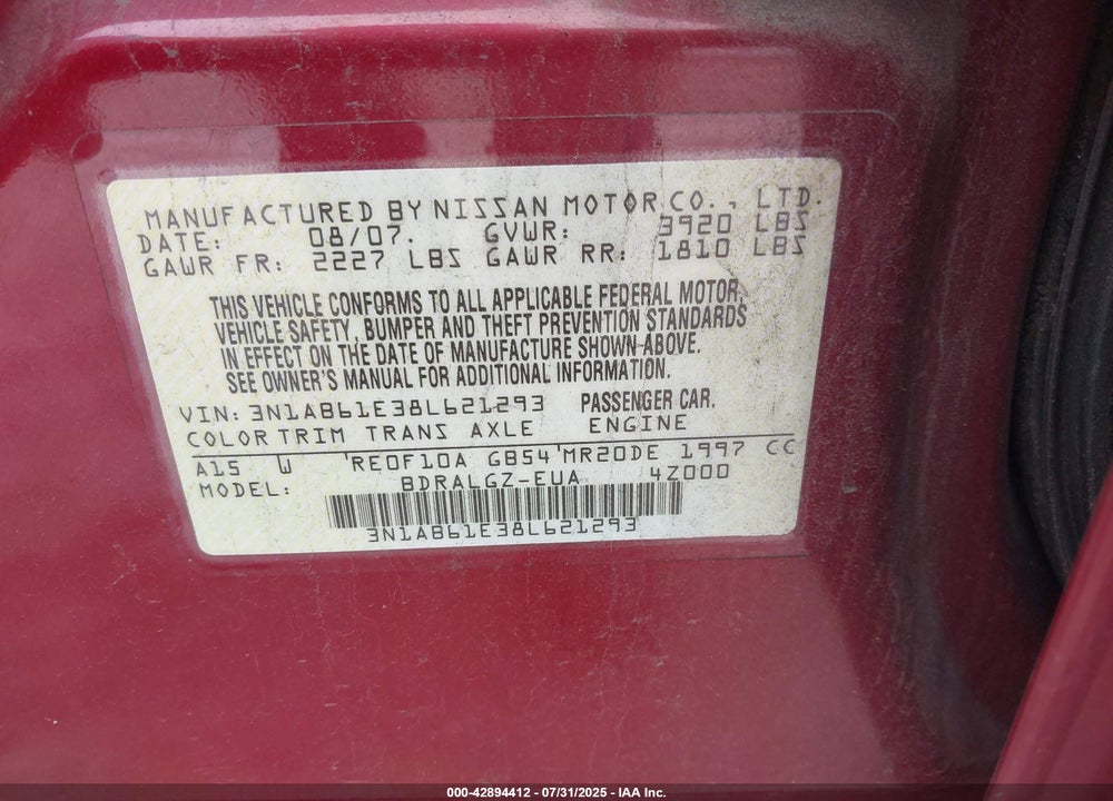 2008 NISSAN SENTRA 2.0SL VIN: 3N1AB61E38L621293