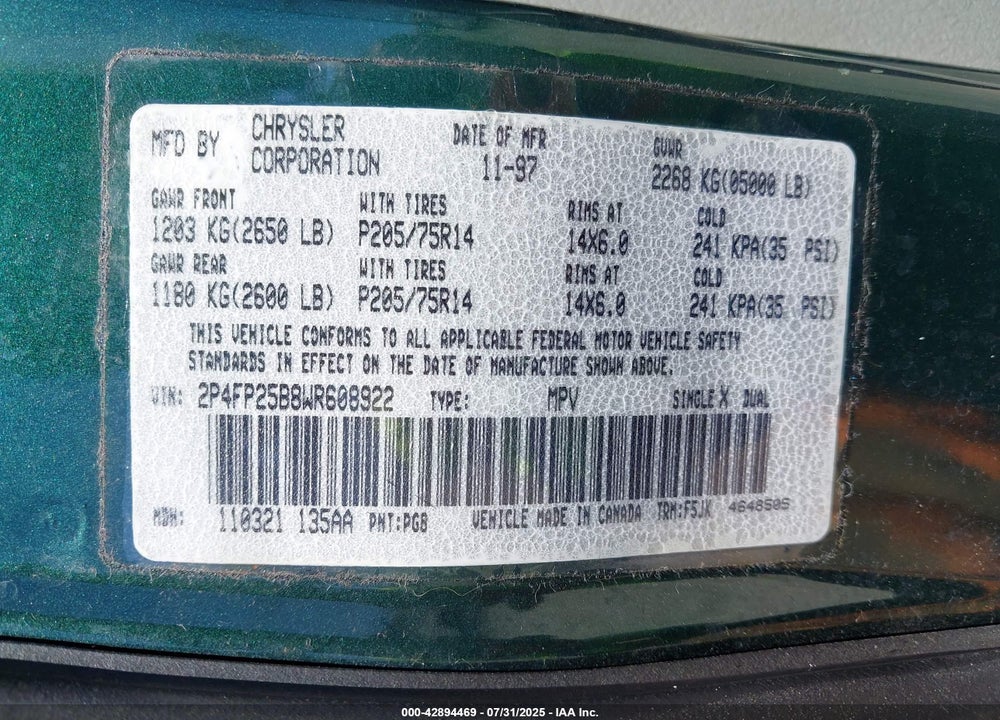 1998 PLYMOUTH VOYAGER VIN: 2P4FP25B8WR608922