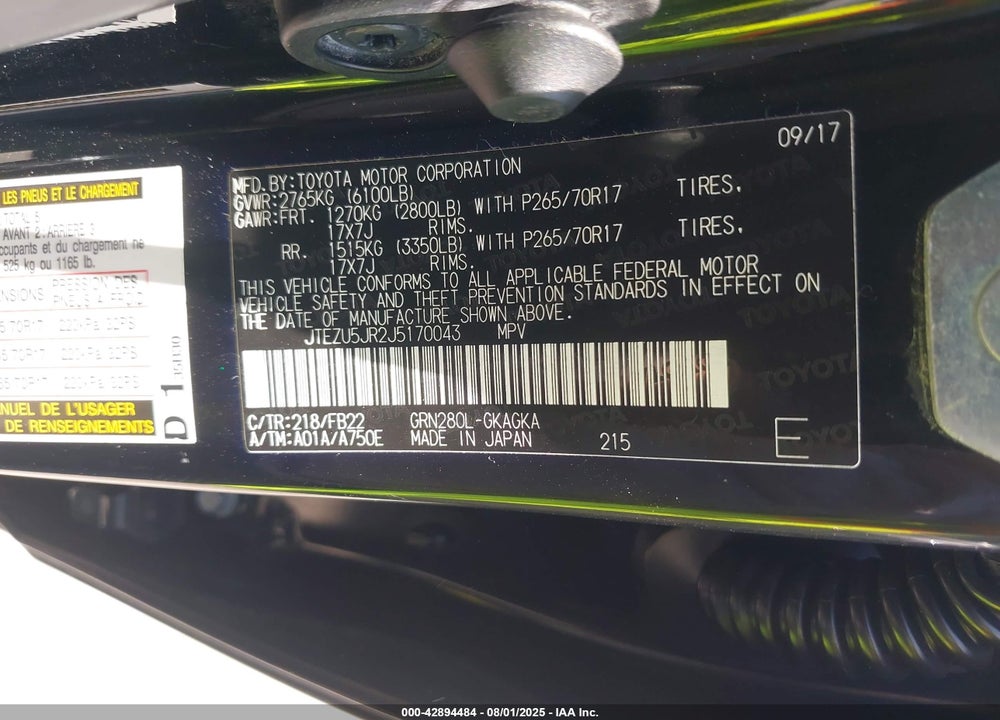 2018 TOYOTA 4RUNNER SR5 VIN: JTEZU5JR2J5170043