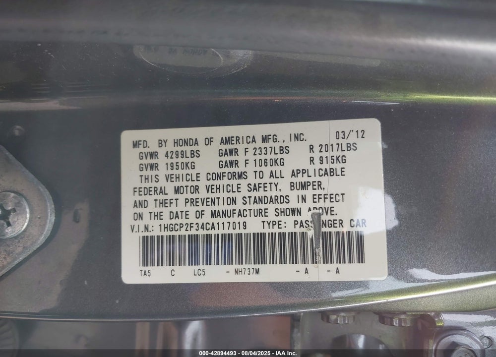 2012 HONDA ACCORD VIN: 1HGCP2F34CA117019
