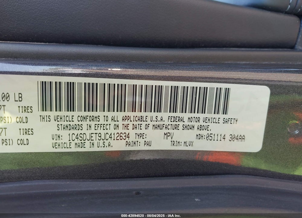 2018 DODGE DURANGO VIN: 1C4SDJET9JC412634