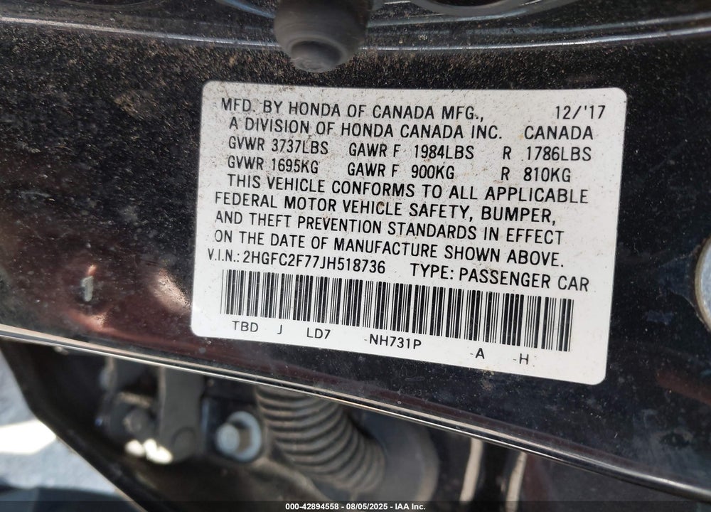 2018 HONDA CIVIC VIN: 2HGFC2F77JH518736