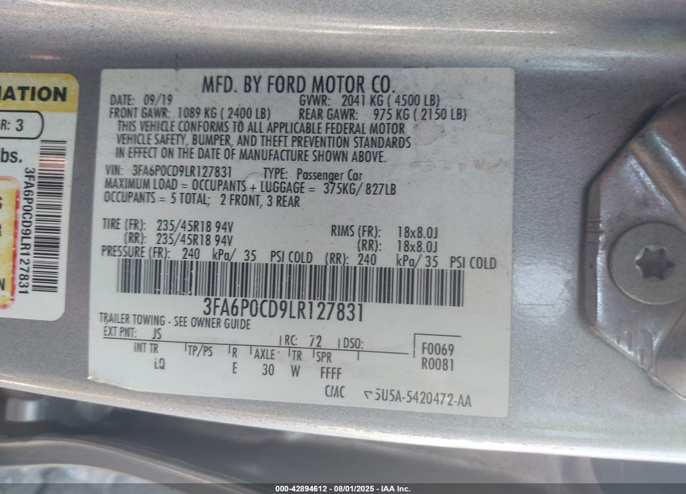 2020 FORD FUSION VIN: 3FA6P0CD9LR127831