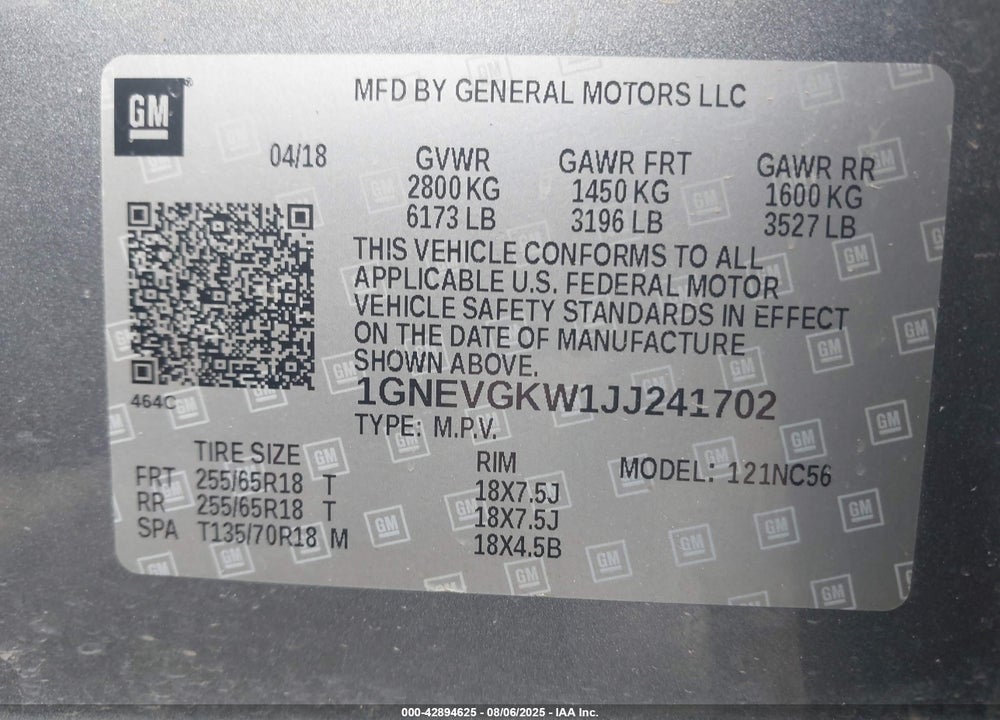 2018 CHEVROLET TRAVERSE 1LT VIN: 1GNEVGKW1JJ241702