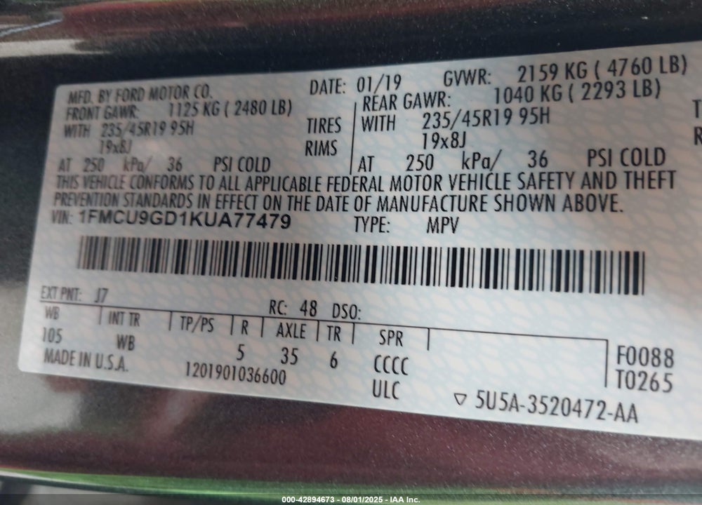 2019 FORD ESCAPE SE VIN: 1FMCU9GD1KUA77479