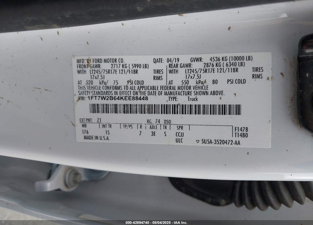 2019 FORD F-250 VIN: 1FT7W2B64KEE88448