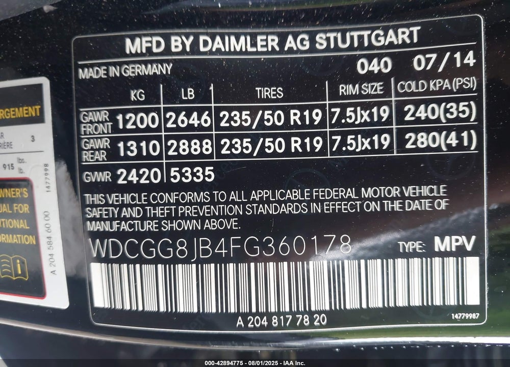 2015 MERCEDES-BENZ GLK-CLASS VIN: WDCGG8JB4FG360178