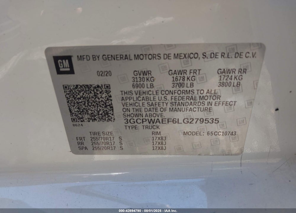 2020 CHEVROLET SILVERADO 1500 VIN: 3GCPWAEF6LG279535
