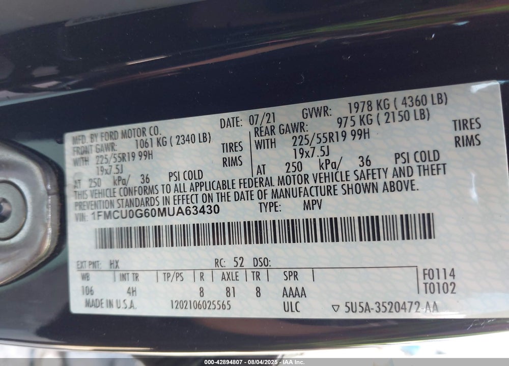 2021 FORD ESCAPE VIN: 1FMCU0G60MUA63430