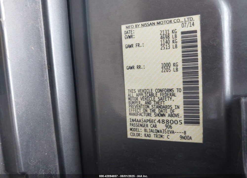2014 NISSAN MAXIMA VIN: 1N4AA5AP6EC488005