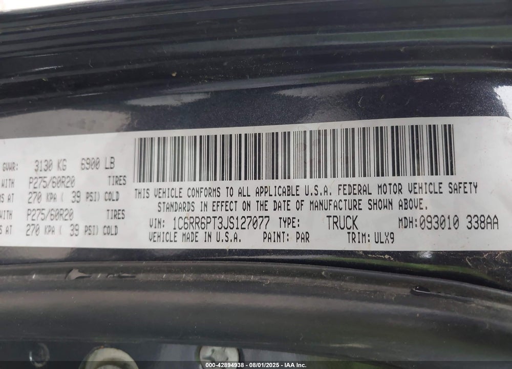 2018 RAM 1500 VIN: 1C6RR6PT3JS127077
