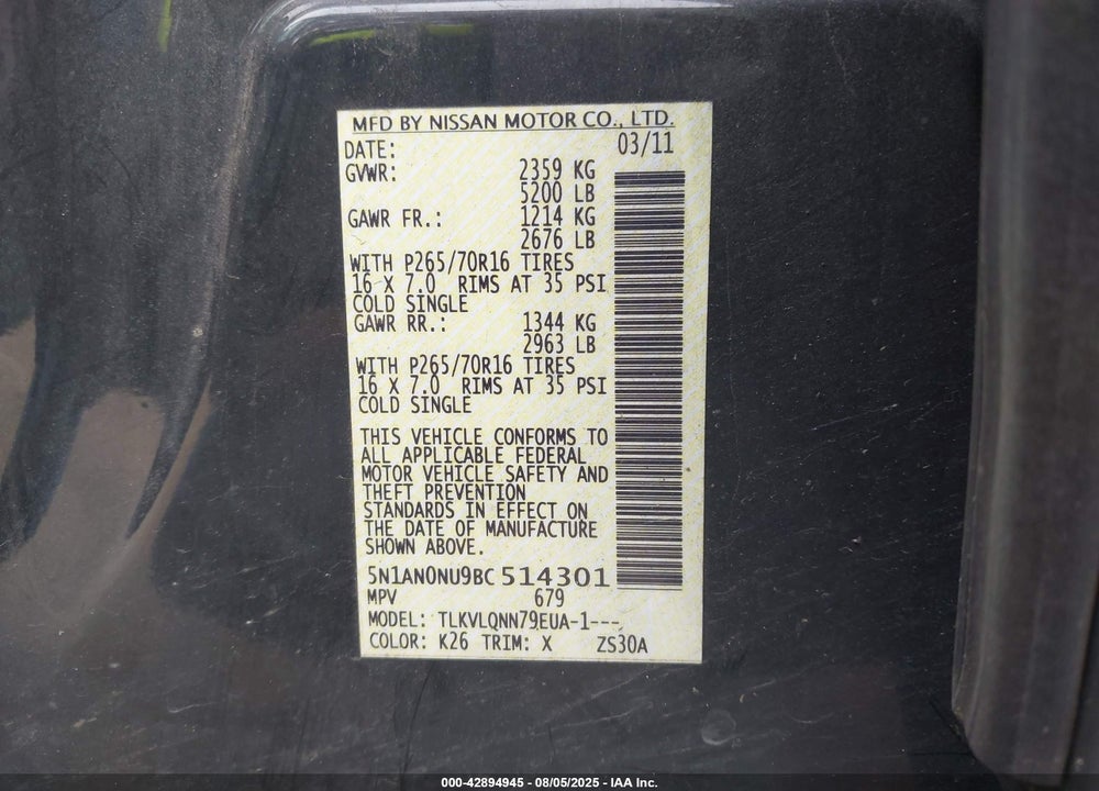 2011 NISSAN XTERRA VIN: 5N1AN0NU9BC514301