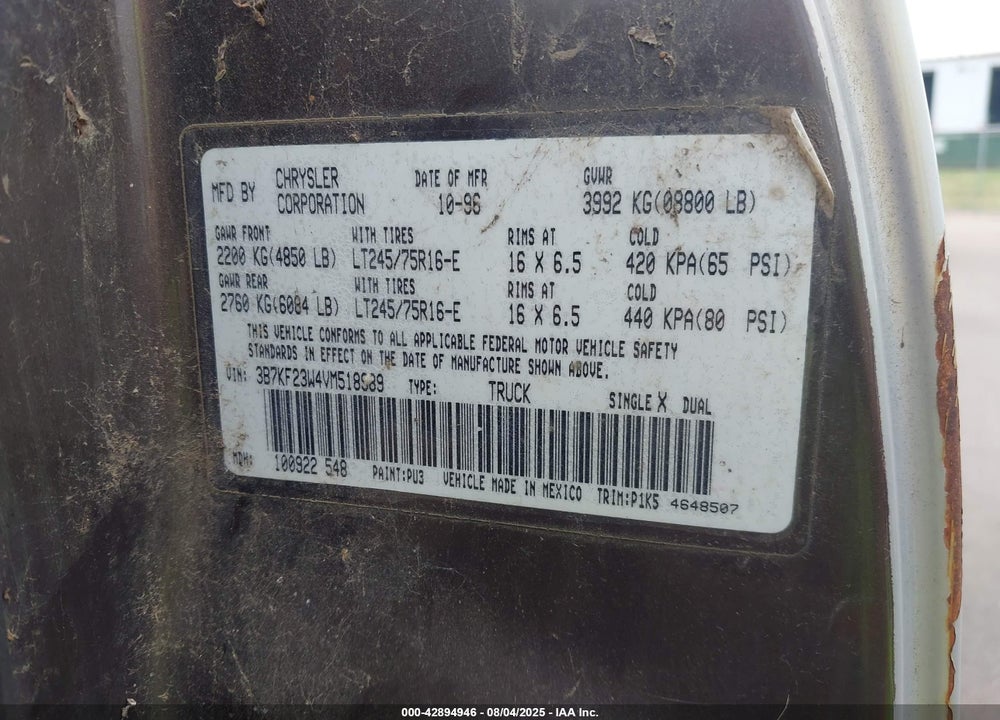 1997 DODGE RAM 2500 ST VIN: 3B7KF23W4VM518989