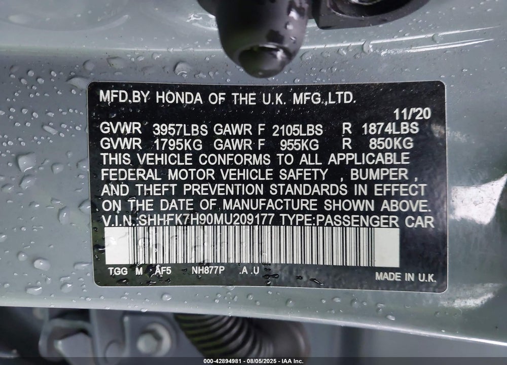 2021 HONDA CIVIC VIN: SHHFK7H90MU209177