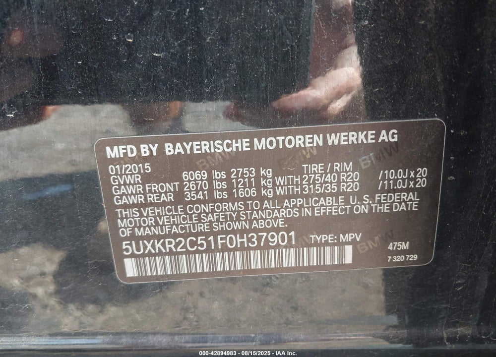 2015 BMW X5 VIN: 5UXKR2C51F0H37901