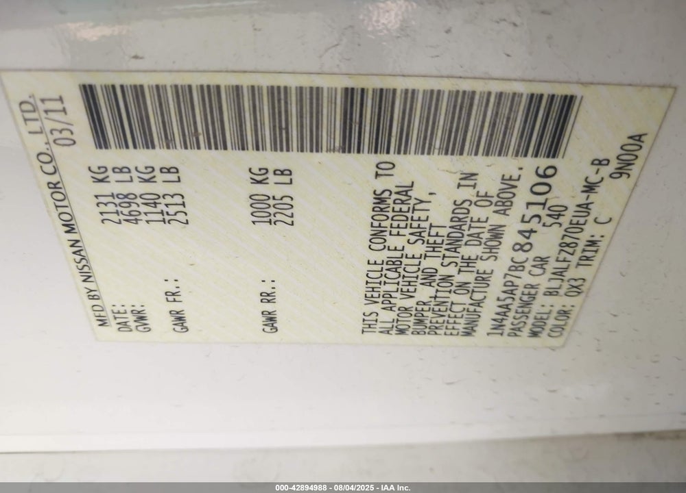 2011 NISSAN MAXIMA VIN: 1N4AA5AP7BC845106