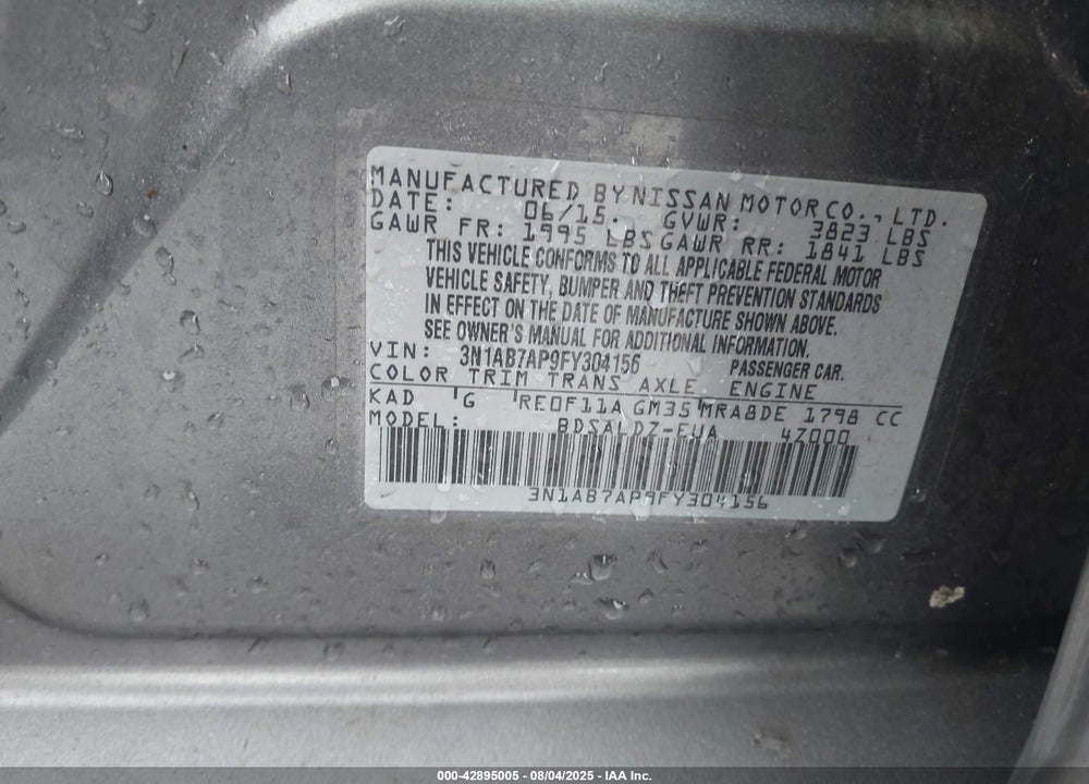 2015 NISSAN SENTRA VIN: 3N1AB7AP9FY304156