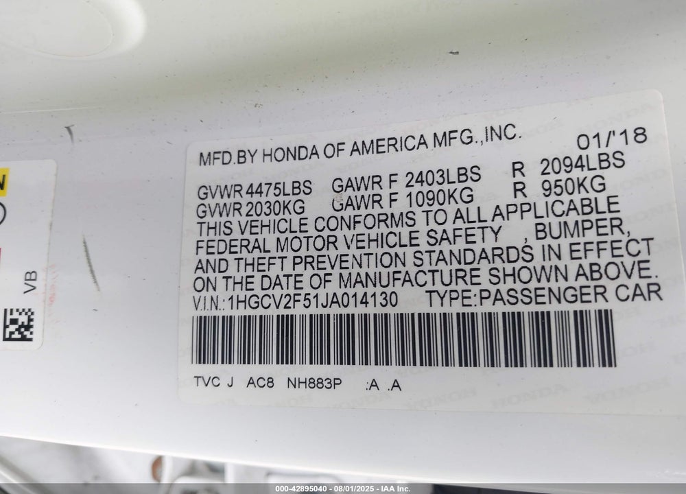 2018 HONDA ACCORD VIN: 1HGCV2F51JA014130