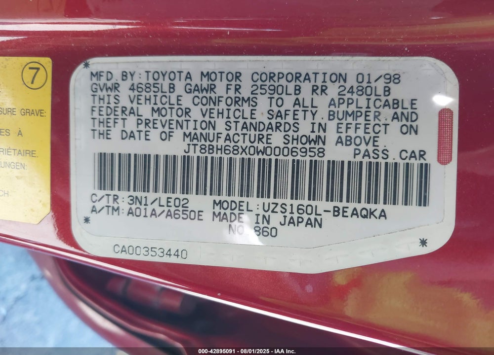 1998 LEXUS GS 400 VIN: JT8BH68X0W0006958
