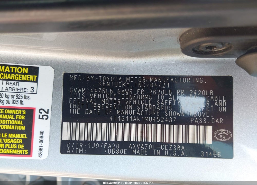 2021 TOYOTA CAMRY VIN: 4T1G11AK1MU452437