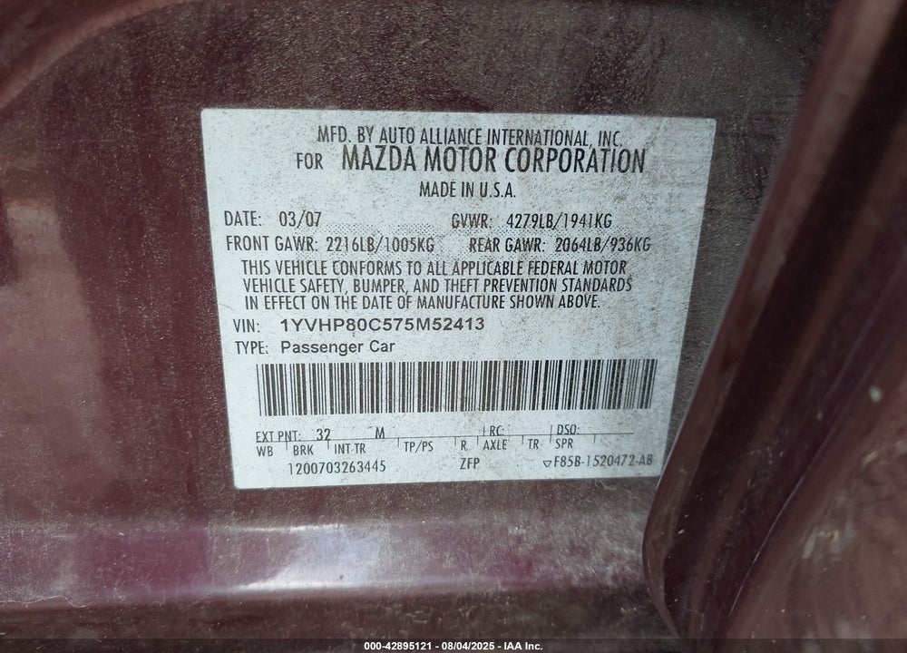 2007 MAZDA 6 VIN: 1YVHP80C575M52413