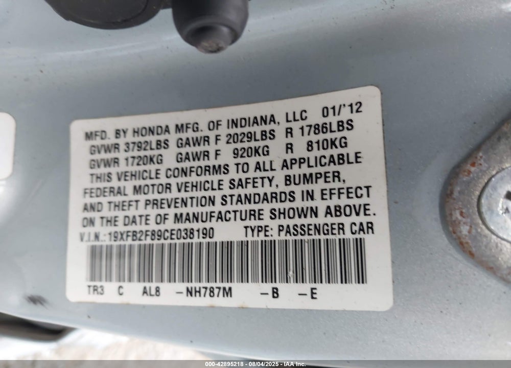 2012 HONDA CIVIC VIN: 19XFB2F89CE038190