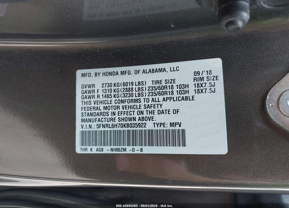 2019 HONDA ODYSSEY EX-L VIN: 5FNRL6H70KB035922