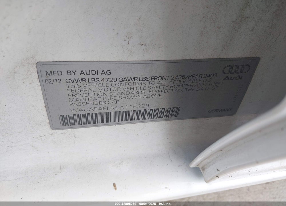 2012 AUDI A4 2.0T PREMIUM VIN: WAUAFAFLXCA116229