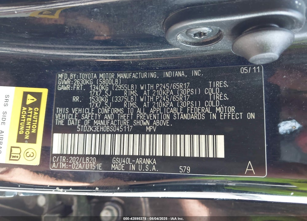 2011 TOYOTA HIGHLANDER VIN: 5TDZK3EH0BS045117