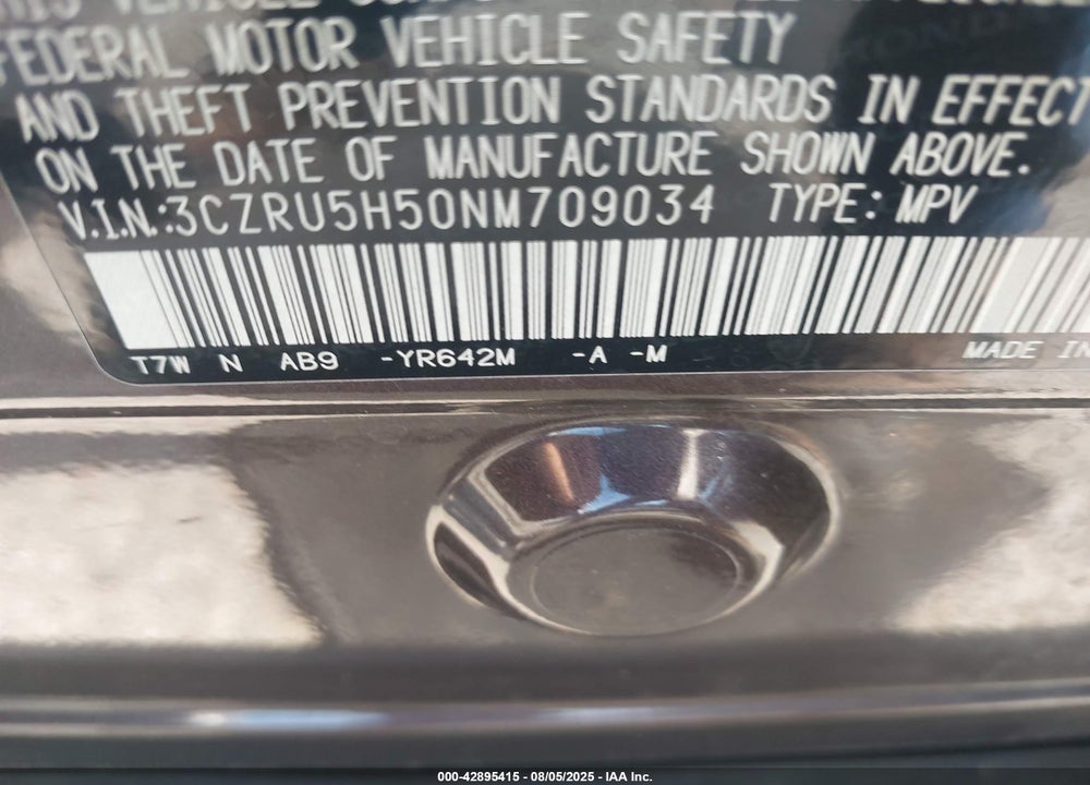 2022 HONDA HR-V VIN: 3CZRU5H50NM709034