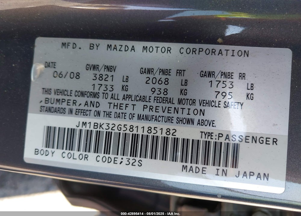 2008 MAZDA 3 I TOURING VALUE VIN: JM1BK32G581185182
