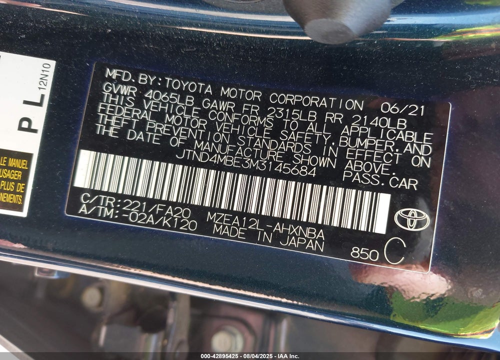 2021 TOYOTA COROLLA VIN: JTND4MBE3M3145684