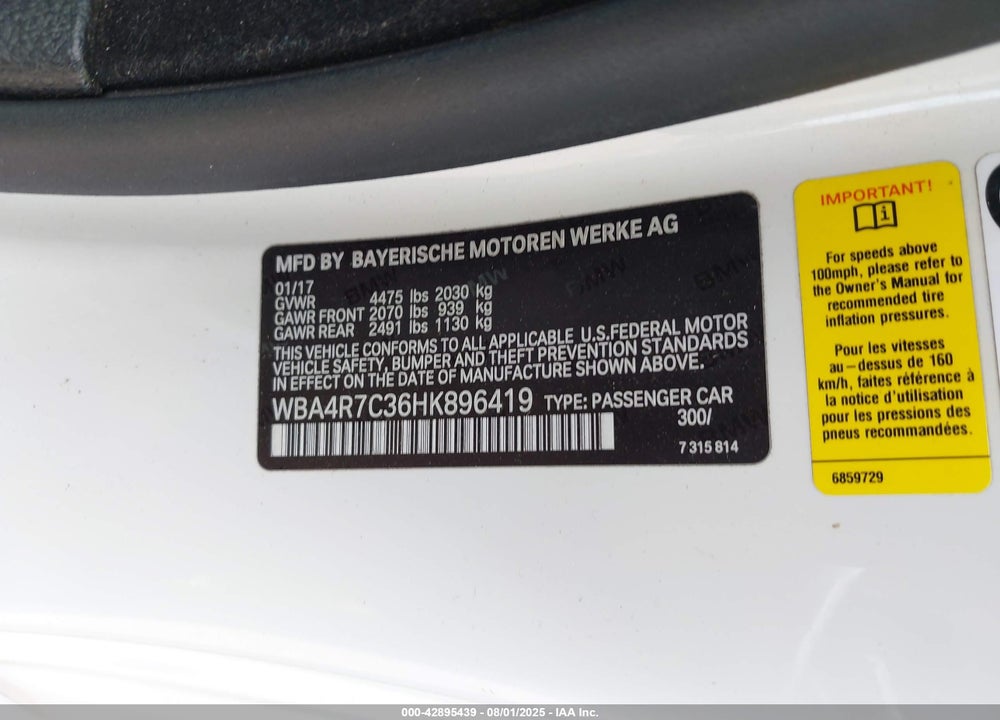 2017 BMW 430I VIN: WBA4R7C36HK896419